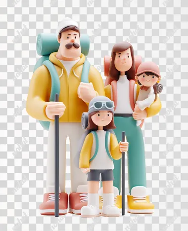 3d model characters hiking family colorful wholesome art white background happy hiking  --raw