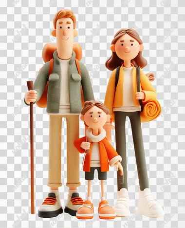 3d model characters hiking family colorful wholesome art white background happy hiking  --raw