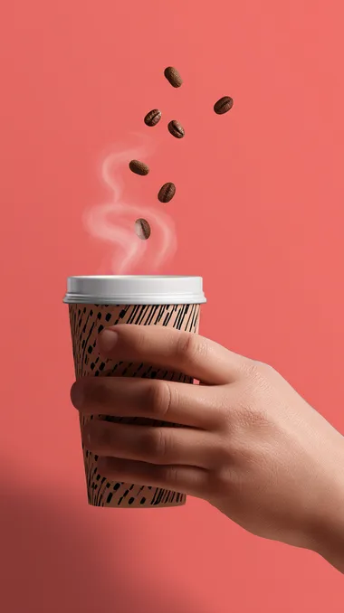 Hand holding takeaway coffee cup with steam animation and floating coffee beans