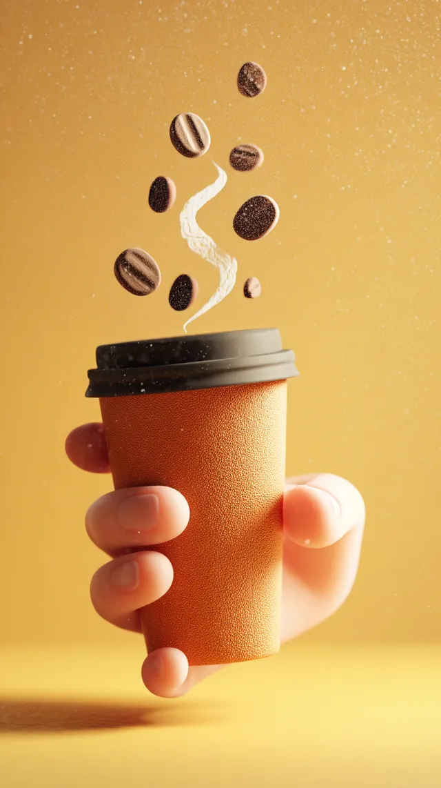 Hand Holding Takeaway Coffee Cup with Steam and Coffee Beans