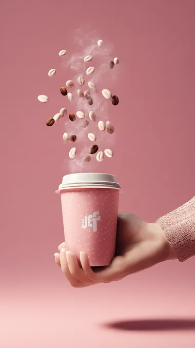 Hand holding takeaway coffee cup with steam animation and floating coffee beans