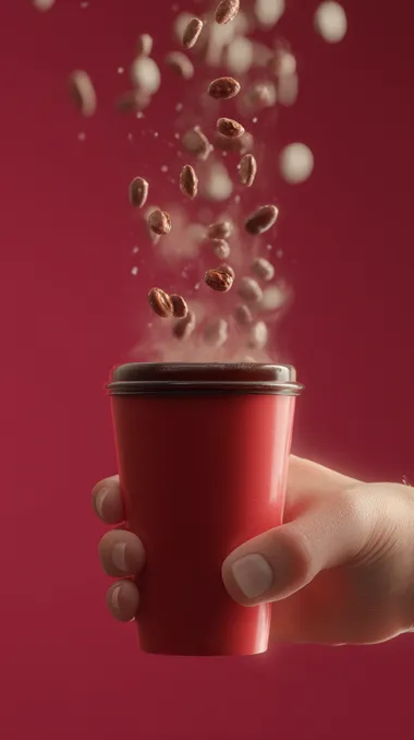 Hand holding takeaway coffee cup with steam animation and floating coffee beans