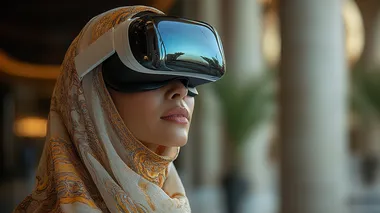 a veiled woman wearing VR headgear, smelling a nice smell in the air, in an event of launching a perfume in the market, in a luxurious settings vinue, dark serroundings, audience are standing holding and scenting the smells, audience are interacting with the digital screend, elegant venue, luxurios setting, sun flair, high-resolution photography, insanely detailed, fine details, stock photo, professional color grading, award-winning composition, cinematic lighting, high quality 18k, sharp focus, bright photo with rich colors, full coverage of a scene  --s 750