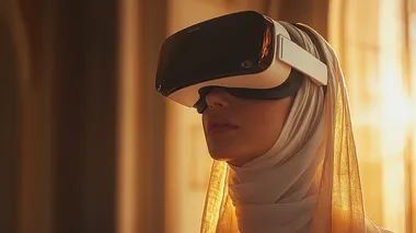 a veiled woman wearing VR headgear, smelling a nice smell in the air, in an event of launching a perfume in the market, in a luxurious settings vinue, dark serroundings, audience are standing holding and scenting the smells, audience are interacting with the digital screend, elegant venue, luxurios setting, sun flair, high-resolution photography, insanely detailed, fine details, stock photo, professional color grading, award-winning composition, cinematic lighting, high quality 18k, sharp focus, bright photo with rich colors, full coverage of a scene  --s 750