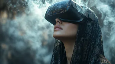 a veiled woman wearing VR headgear, smelling a nice smell in the air, in an event of launching a perfume in the market, in a luxurious settings vinue, dark serroundings, audience are standing holding and scenting the smells, audience are interacting with the digital screend, elegant venue, luxurios setting, sun flair, high-resolution photography, insanely detailed, fine details, stock photo, professional color grading, award-winning composition, cinematic lighting, high quality 18k, sharp focus, bright photo with rich colors, full coverage of a scene  --s 750