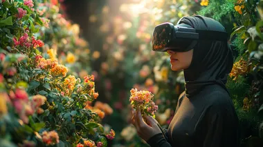 a veiled woman wearing VR headgear, smelling a nice smell in the air, in an event of launching a perfume in the market, in a luxurious settings vinue, dark serroundings, audience are standing holding and scenting the smells, audience are interacting with the digital screend, elegant venue, luxurios setting, sun flair, high-resolution photography, insanely detailed, fine details, stock photo, professional color grading, award-winning composition, cinematic lighting, high quality 18k, sharp focus, bright photo with rich colors, full coverage of a scene  --s 750