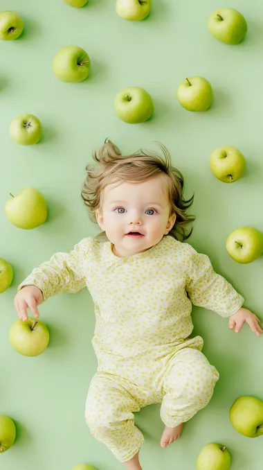 a top view photo of green apples on solid light green background
