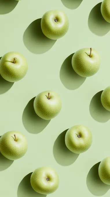 a top view photo of green apples on solid light green background