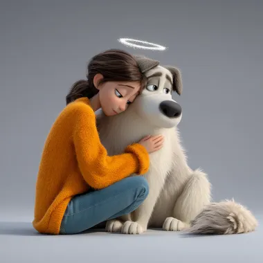 A young woman sitting on the ground, hugging a large dog with white fur and gray patches. The dog has a delicate angel halo floating above its head. The woman is wearing a vibrant orange sweater and blue jeans, with brown hair tied back. She is gently leaning against the dog, both of them calm and peaceful. 3D Pixar-style animation, featuring soft lighting, charming and slightly realistic textures. The scene conveys deep feelings of love, home, and comfort. Minimalist, clean background.