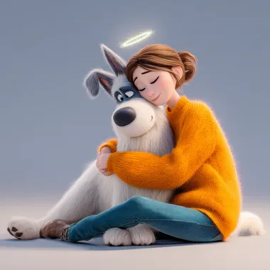A young woman sitting on the ground, hugging a large dog with white fur and gray patches. The dog has a delicate angel halo floating above its head. The woman is wearing a vibrant orange sweater and blue jeans, with brown hair tied back. She is gently leaning against the dog, both of them calm and peaceful. 3D Pixar-style animation, featuring soft lighting, charming and slightly realistic textures. The scene conveys deep feelings of love, home, and comfort. Minimalist, clean background.