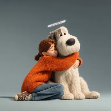 A young woman sitting on the ground, hugging a large dog with white fur and gray patches. The dog has a delicate angel halo floating above its head. The woman is wearing a vibrant orange sweater and blue jeans, with brown hair tied back. She is gently leaning against the dog, both of them calm and peaceful. 3D Pixar-style animation, featuring soft lighting, charming and slightly realistic textures. The scene conveys deep feelings of love, home, and comfort. Minimalist, clean background.