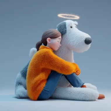 A young woman sitting on the ground, hugging a large dog with white fur and gray patches. The dog has a delicate angel halo floating above its head. The woman is wearing a vibrant orange sweater and blue jeans, with brown hair tied back. She is gently leaning against the dog, both of them calm and peaceful. 3D Pixar-style animation, featuring soft lighting, charming and slightly realistic textures. The scene conveys deep feelings of love, home, and comfort. Minimalist, clean background.