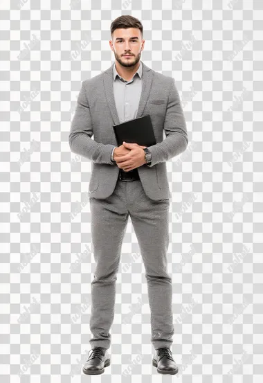 Handsome milenian man with a document folder, wearing a modern suit 2024 fashion trend, Full body , isolated on White, photorealistic   --raw