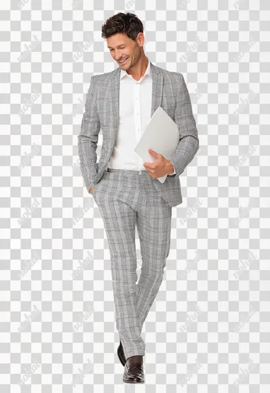 Handsome milenian man with a document folder, wearing a modern suit 2024 fashion trend, Full body , isolated on White, photorealistic   --raw