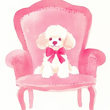 a poodle dog with a bow sitting on a decorative baroque style chair, on a white background, whimsical simple naive watercolor illustration, in rococo style colors red, pink and cream     rofile tva2tui