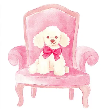 a poodle dog with a bow sitting on a decorative baroque style chair, on a white background, whimsical simple naive watercolor illustration, in rococo style colors red, pink and cream     rofile tva2tui