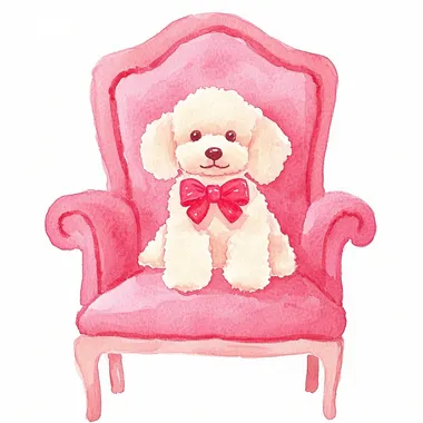 a poodle dog with a bow sitting on a decorative baroque style chair, on a white background, whimsical simple naive watercolor illustration, in rococo style colors red, pink and cream     rofile tva2tui