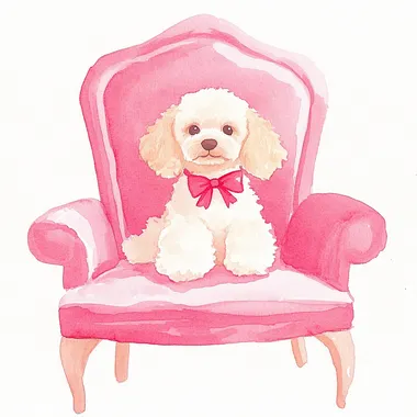 a poodle dog with a bow sitting on a decorative baroque style chair, on a white background, whimsical simple naive watercolor illustration, in rococo style colors red, pink and cream     rofile tva2tui