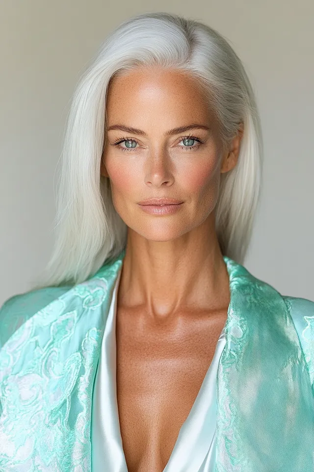 Stylish 45-Year-Old Woman with White Hair in Green Jacket, Fashion Photo