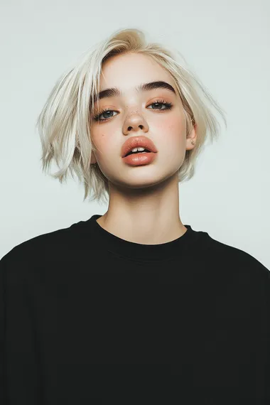 A stylish fashion photo of a 45 years model with blond midlong hair modern haircut, standing confidently in front of an empty offwhite background. The model's hair is vibrant and well-groomed, with an edgy style. The setting is bright and casual creating a contrast between everyday life and fashion. The overall vibe should feel approachable, with natural light, warm tones, and a focus on the model's hairstyle. photorealistic ultra detail , kodak film, natural light, 85mm, f 1.2    rofile 84cij92 dok7tsf