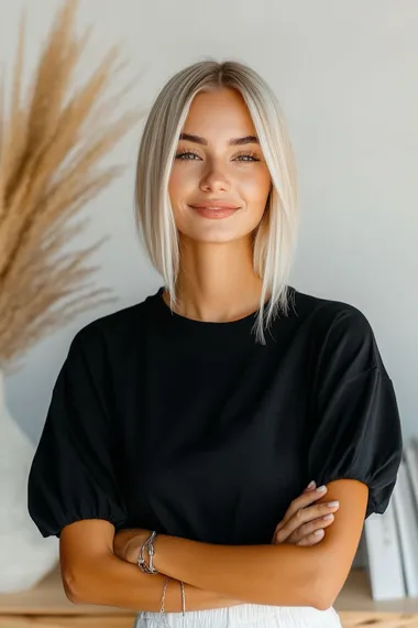 A stylish fashion photo of a 45 years model with blond midlong hair modern haircut, standing confidently in front of an empty offwhite background. The model's hair is vibrant and well-groomed, with an edgy style. The setting is bright and casual creating a contrast between everyday life and fashion. The overall vibe should feel approachable, with natural light, warm tones, and a focus on the model's hairstyle. photorealistic ultra detail , kodak film, natural light, 85mm, f 1.2    rofile 84cij92 dok7tsf