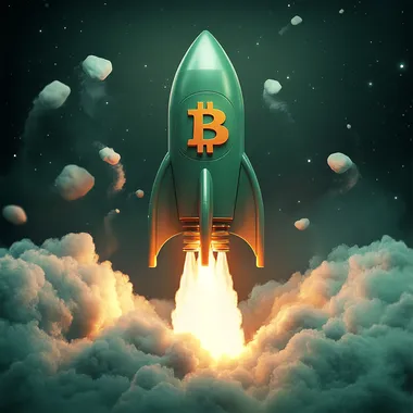 Concept of a green rocket with a Bitcoin logo flying upward on a dark green background, with smoke and light effects around it. Digital illustration. By Cairo, winner of a stock photo contest. Image only. Black isolated background. A bright, red, cartoon-style, highly detailed, high-resolution photograph, with professional color grading, soft shadows, low contrast, and clean, sharp focus. --s 250