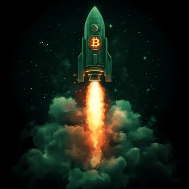 Concept of a green rocket with a Bitcoin logo flying upward on a dark green background, with smoke and light effects around it. Digital illustration. By Cairo, winner of a stock photo contest. Image only. Black isolated background. A bright, red, cartoon-style, highly detailed, high-resolution photograph, with professional color grading, soft shadows, low contrast, and clean, sharp focus. --s 250