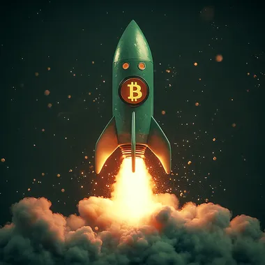 Concept of a green rocket with a Bitcoin logo flying upward on a dark green background, with smoke and light effects around it. Digital illustration. By Cairo, winner of a stock photo contest. Image only. Black isolated background. A bright, red, cartoon-style, highly detailed, high-resolution photograph, with professional color grading, soft shadows, low contrast, and clean, sharp focus. --s 250