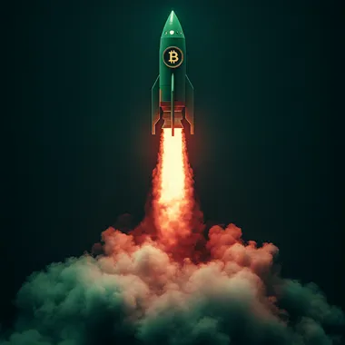 Concept of a green rocket with a Bitcoin logo flying upward on a dark green background, with smoke and light effects around it. Digital illustration. By Cairo, winner of a stock photo contest. Image only. Black isolated background. A bright, red, cartoon-style, highly detailed, high-resolution photograph, with professional color grading, soft shadows, low contrast, and clean, sharp focus. --s 250