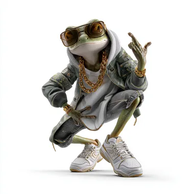A cool and cute frog, a street dancer, dressed in a hip-hop street style, with a gold chain around her neck and sunglasses, a cool pose, full-body shooting, 3d style, white background, high-end feeling, high-definition photography.   r5z3tg4