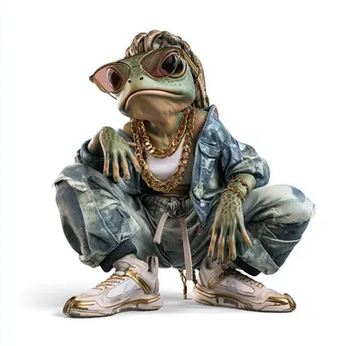 A cool and cute frog, a street dancer, dressed in a hip-hop street style, with a gold chain around her neck and sunglasses, a cool pose, full-body shooting, 3d style, white background, high-end feeling, high-definition photography.   r5z3tg4
