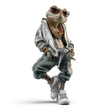 A cool and cute frog, a street dancer, dressed in a hip-hop street style, with a gold chain around her neck and sunglasses, a cool pose, full-body shooting, 3d style, white background, high-end feeling, high-definition photography.   r5z3tg4