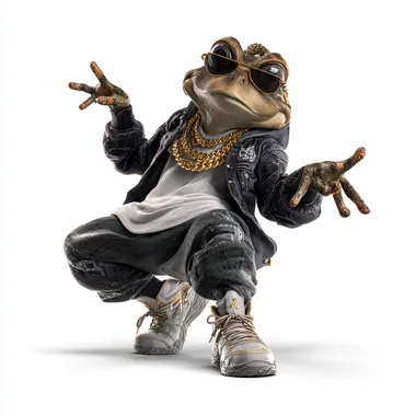 A cool and cute frog, a street dancer, dressed in a hip-hop street style, with a gold chain around her neck and sunglasses, a cool pose, full-body shooting, 3d style, white background, high-end feeling, high-definition photography.   r5z3tg4