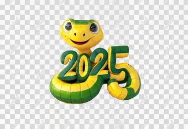 A cute, smiling, yellow and green snake coiled into the number "2025" on a pure white background, Cartoony style, UE5 style, CG Rendering