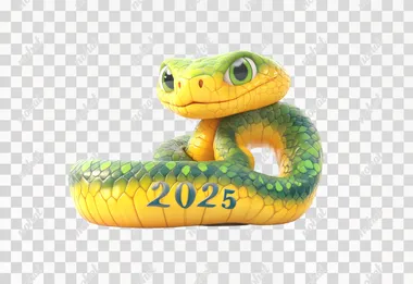 A cute, smiling, yellow and green snake coiled into the number "2025" on a pure white background, Cartoony style, UE5 style, CG Rendering