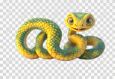 A cute, smiling, yellow and green snake coiled into the number "2025" on a pure white background, Cartoony style, UE5 style, CG Rendering