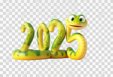 A cute, smiling, yellow and green snake coiled into the number "2025" on a pure white background, Cartoony style, UE5 style, CG Rendering