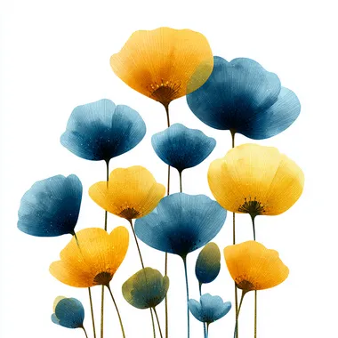 pixar style blue and yellow poppies, plain transparent white background   zvoiofx