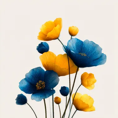 pixar style blue and yellow poppies, plain transparent white background   zvoiofx