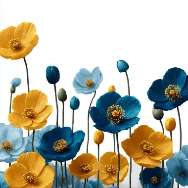 pixar style blue and yellow poppies, plain transparent white background   zvoiofx