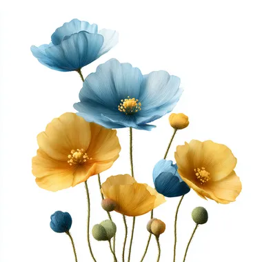 pixar style blue and yellow poppies, plain transparent white background   zvoiofx