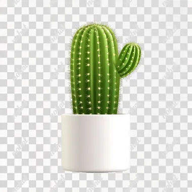 Cute cartoon cactus is placed on a cylindrical white pot. Pure white background. High quality.