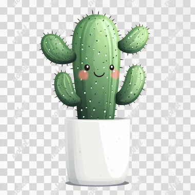 Cute cartoon cactus is placed on a cylindrical white pot. Pure white background. High quality.