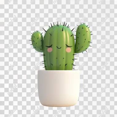 Cute cartoon cactus is placed on a cylindrical white pot. Pure white background. High quality.