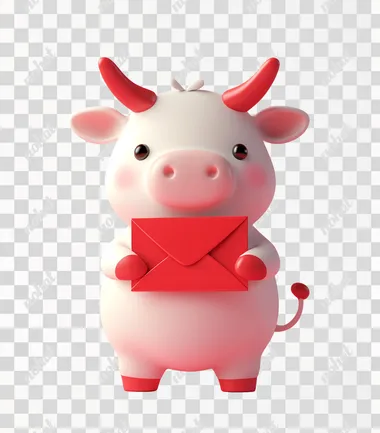 A cute cow holding a red envelope, with a chubby body, in the style of kawaii aestheticism with pink and white tones, against a simple background, rendered in Cinema 4D, with a Korean wave-inspired style, a charming character illustration, in the oshare kei aesthetic, featuring charming characters.