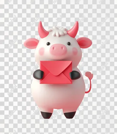 A cute cow holding a red envelope, with a chubby body, in the style of kawaii aestheticism with pink and white tones, against a simple background, rendered in Cinema 4D, with a Korean wave-inspired style, a charming character illustration, in the oshare kei aesthetic, featuring charming characters.