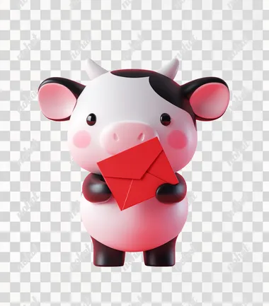 A cute cow holding a red envelope, with a chubby body, in the style of kawaii aestheticism with pink and white tones, against a simple background, rendered in Cinema 4D, with a Korean wave-inspired style, a charming character illustration, in the oshare kei aesthetic, featuring charming characters.