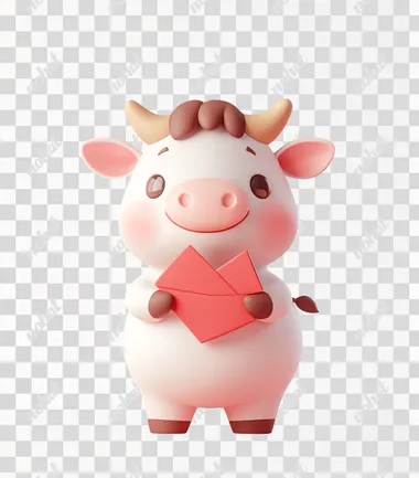 A cute cow holding a red envelope, with a chubby body, in the style of kawaii aestheticism with pink and white tones, against a simple background, rendered in Cinema 4D, with a Korean wave-inspired style, a charming character illustration, in the oshare kei aesthetic, featuring charming characters.