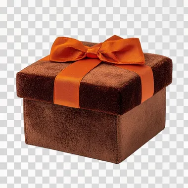 a plush gift box, isolated on a white background. The color scheme is brown and orange, with a plush texture. The view is from the front, against a solid color background. High-resolution photography.