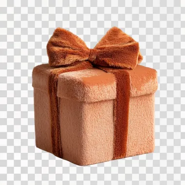 a plush gift box, isolated on a white background. The color scheme is brown and orange, with a plush texture. The view is from the front, against a solid color background. High-resolution photography.